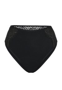 Sous-vêtements noirs taille haute avec un corps en tissu lisse, des détails en dentelle sur les côtés et une bordure festonnée le long de la taille pour plus de texture.