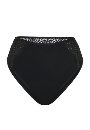 High-waisted black underwear with a smooth fabric body, lace detailing on the sides, and a scalloped edge along the waistband for added texture.