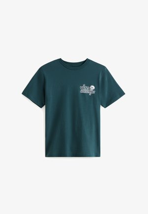 Teal cotton t-shirt featuring a graphic print of a skull and "VANS ENTERTAINMENT" logo on the left chest. Short sleeves, crew neckline.