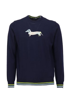 Marineblauer Pullover mit einer Grafik eines hellen Dackels. Gerippte Bündchen und Saum mit grünen und blauen Streifen. Weiches Strickmaterial.