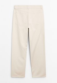 Beige cotton trousers with a straight fit. Features include two back pockets and stitching details along the waistband and pockets.