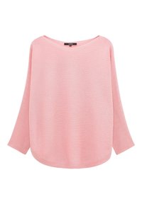 Pull long à manches longues rose clair avec une coupe ample, fabriqué à partir d'une texture côtelée, mettant en avant un décolleté large et un ourlet incurvé.
