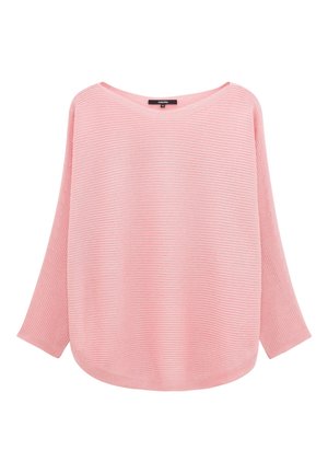 Maglione rosa chiaro a maniche lunghe con una vestibilità ampia, realizzato in tessuto a coste, caratterizzato da un ampio scollo e un orlo curvo.