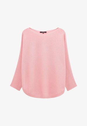Heller rosa Pullover mit langen Ärmeln und lockerer Passform, aus einem gerippten Stoff gefertigt, mit einem weiten Halsausschnitt und einem abgerundeten Saum.