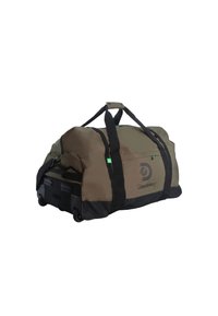 Borsa da viaggio a rotolo in tessuto verde oliva, base nera rinforzata, doppi manici e dettagli con logo. Presenta ruote scorrevoli per un facile trasporto.