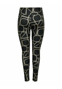 Zwarte leggings met een geometrisch patroon van tan en grijze vormen. Ze hebben een gladde textuur en een ontwerp met hoge taille.