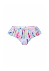 Bikini multicolore con design a volant; presenta tonalità pastello di rosa, blu e verde; realizzato in tessuto morbido e elasticizzato.