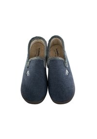 Un par de zapatillas azul tipo slip-on con suave forro gris y pequeño logo blanco en la parte superior, vistas desde arriba sobre un fondo blanco.