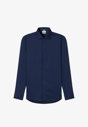Marineblauw shirt met lange mouwen gemaakt van gladde stof, met een knoopsluiting aan de voorkant, zwarte knopen en een standaard kraag met goed gedefinieerde manchetten.