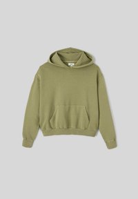 Sweat à capuche vert olive, en coton, avec design à épaules tombantes, poche kangourou, poignets et ourlet côtelés, texture douce, capuche réglable.