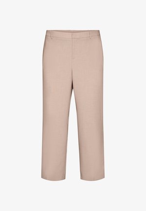 Beige cropped bukser med lige snit, linning, bæltestropper og forlukning foran, vist på hvid baggrund.