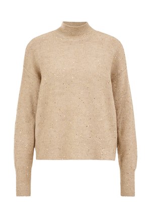 Maglione beige con collo alto, vestibilità ampia, orlo e polsini a coste, caratterizzato da un design testurizzato con accenti metallici sparsi.
