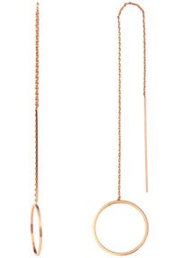 Roze gouden oorbellen met een verlengde ketting, een dunne staaf en een ronde ring, met een elegante en minimalistische uitstraling.