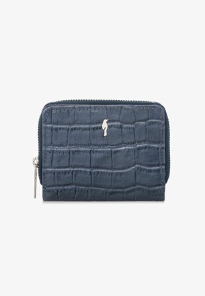 Kompaktowy granatowy portfel o fakturze skóry krokodyla, z srebrnym zamkiem błyskawicznym i małym srebrnym logo na froncie.