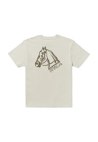 T-shirt color crema con un disegno a linee nere di una testa di cavallo e il testo "RVCA" sotto l'illustrazione sul retro.