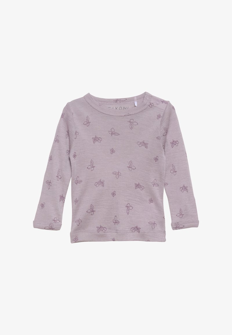 Helllila Langarmshirt mit Blumenmuster. Weicher Stoff, runder Ausschnitt und ein Druckknopfverschluss an der Schulter für ein einfaches Ankleiden.