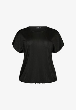 Zwarte damesblouse met korte mouwen, subtiele verticale textuur, ronde halslijn en elastische zoom.