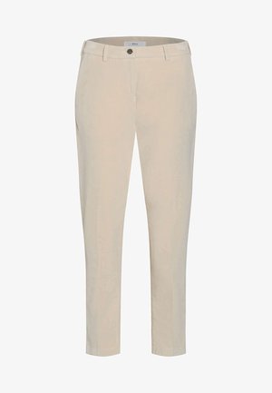 Beige slimfit bukser med knap- og lynlåslukning, bæltestropper og frontlommer, designet til afslappet eller forretningsbrug.