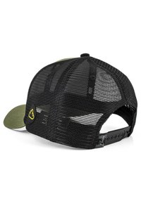 Fekete hálós baseball sapka ívelt olajzöld karimával. Sárga logópatch és állítható snapback záródás található rajta. Texturált anyagból készült.