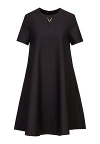 Schwarzes, kurzärmliges Kleid mit rundem Ausschnitt, einer Mittelnäht und einem goldenen V-förmigen Akzent am Hals. Ausgestelltes A-Linien-Silhouette.