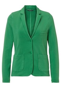 Zelený blejzr vyrobený z měkké tkaniny, se zářezovým límcem, dvěma předními kapsami a dvěma knoflíky vpředu. Přizpůsobený střih.