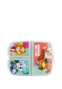 Lunch box in plastica con quattro scomparti, decorato con colorati cani dei cartoni animati su sfondo verde menta, con la scritta "QUAL È IL TUO SUPER POTERE?"
