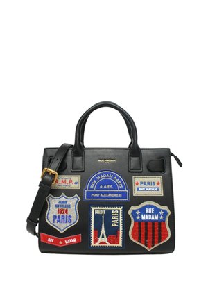 Borsa nera con due manici e tracolla, decorata con toppe colorate a tema Parigi e logo dorato "Rue Madam Paris".