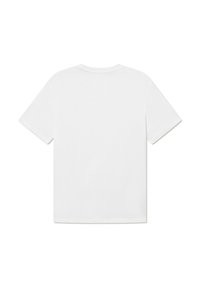 White cotton t-shirt with short sleeves, a round neckline, and a straight hem. Features a smooth texture and no visible patterns or accents.