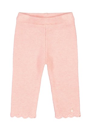 Pantalones de punto rosa con cintura acanalada, dobladillo festoneado y pequeño detalle decorativo en la parte inferior. Suave textura en todo el tejido.