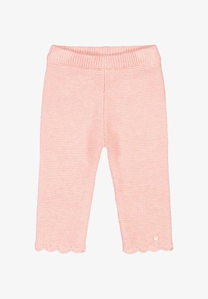 Pantalones de punto rosa con cintura acanalada, dobladillo festoneado y pequeño detalle decorativo en la parte inferior. Suave textura en todo el tejido.