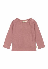 Top cu mâneci lungi, dintr-un material roz moale, având un decolteu rotund și două capse pe umăr pentru îmbrăcare ușoară.