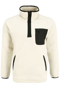 Fleece pullover with a high collar, cream color, black zippered chest pocket, and black side accents. Textured material with a cozy finish.