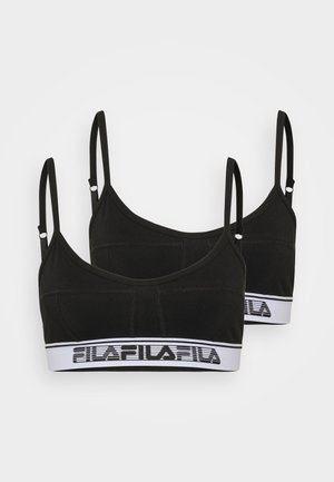 Twee zwarte sportbeha's met verstelbare banden en witte elastische banden met het FILA-logo op een lichte achtergrond.