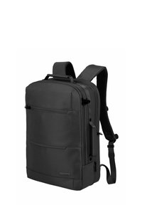 Schwarzer Rucksack mit rechteckiger Form, aus strapazierfähigem Stoff gefertigt. Verfügt über gepolsterte Riemen, Reißverschlussfächer und einen Traggriff oben.