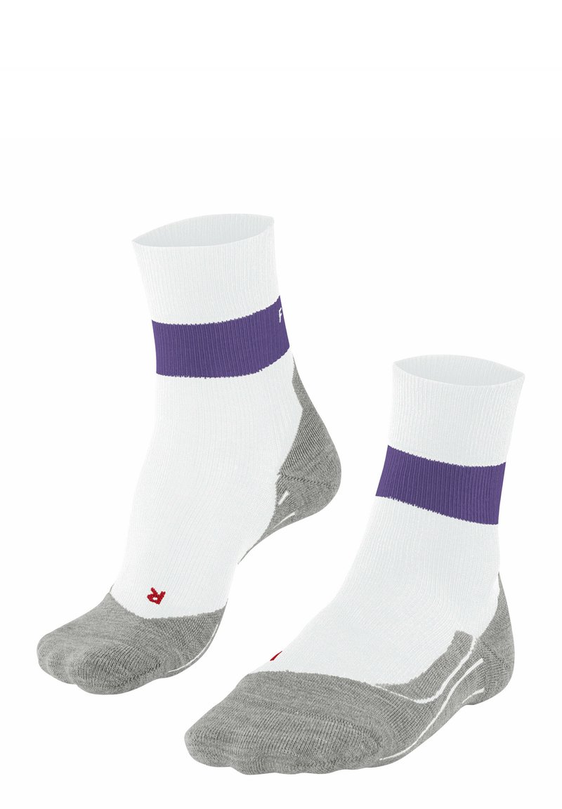 Weiße Knöchelsocken mit einem lila Bund und grauen Akzenten. Merkmale sind eine verstärkte Zehen- und Fersenpartie, hergestellt aus einem atmungsaktiven Material.