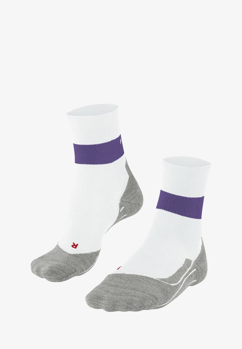 Weiße Knöchelsocken mit einem lila Bund und grauen Akzenten. Merkmale sind eine verstärkte Zehen- und Fersenpartie, hergestellt aus einem atmungsaktiven Material.