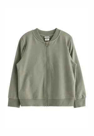 Veste zippée à manches longues vert olive avec col, poignets et bas côtelés, présentée à plat sur fond blanc.