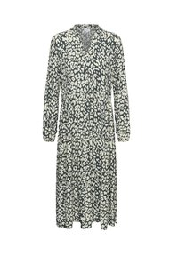Zielona sukienka z długimi rękawami w białe animal print, z dekoltem w serek i warstwowym fasonem spódnicy. Miękka tkanina o zwiewnym kroju.