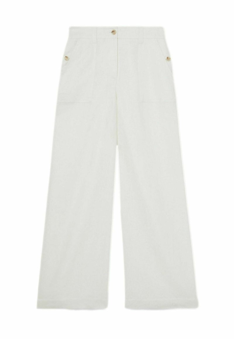 Weite Hosen in hellem Creme, mit hoher Taille, zwei vorderen Taschen und goldenen Knöpfen zum Verschließen. Glatter Stoff.