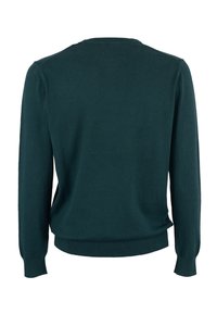 Maglione verde scuro, collo rotondo, maniche lunghe, polsini e orlo a costine, texture liscia, design semplice senza motivi o elementi metallici.