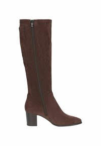 Bottine en daim marron haute jusqu'au genou avec un bout carré, fermeture éclair sur le côté et talon bloc, se distinguant par une texture lisse et des détails de couture soignés.