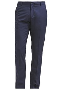 Dark navy trousers with a smooth texture, tapered fit, and front pleats. Features belt loops and a flat front design.