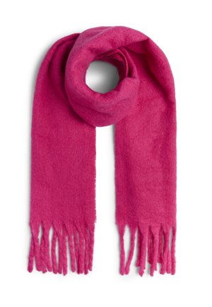 Fuksijas krāsas šalle no mīksta materiāla ar gludu tekstūru un pušķotiem galiem. Savīta riņķa formā, tā izceļas ar dzīvīgu krāsu.