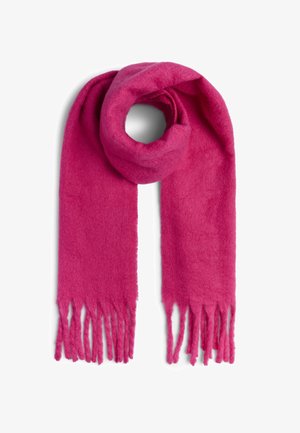 Fuksijas krāsas šalle no mīksta materiāla ar gludu tekstūru un pušķotiem galiem. Savīta riņķa formā, tā izceļas ar dzīvīgu krāsu.