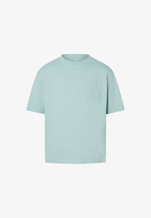 T-shirt oversize bleu clair en coton. Présente un col rond, des manches courtes et une poche poitrine. Texture lisse.