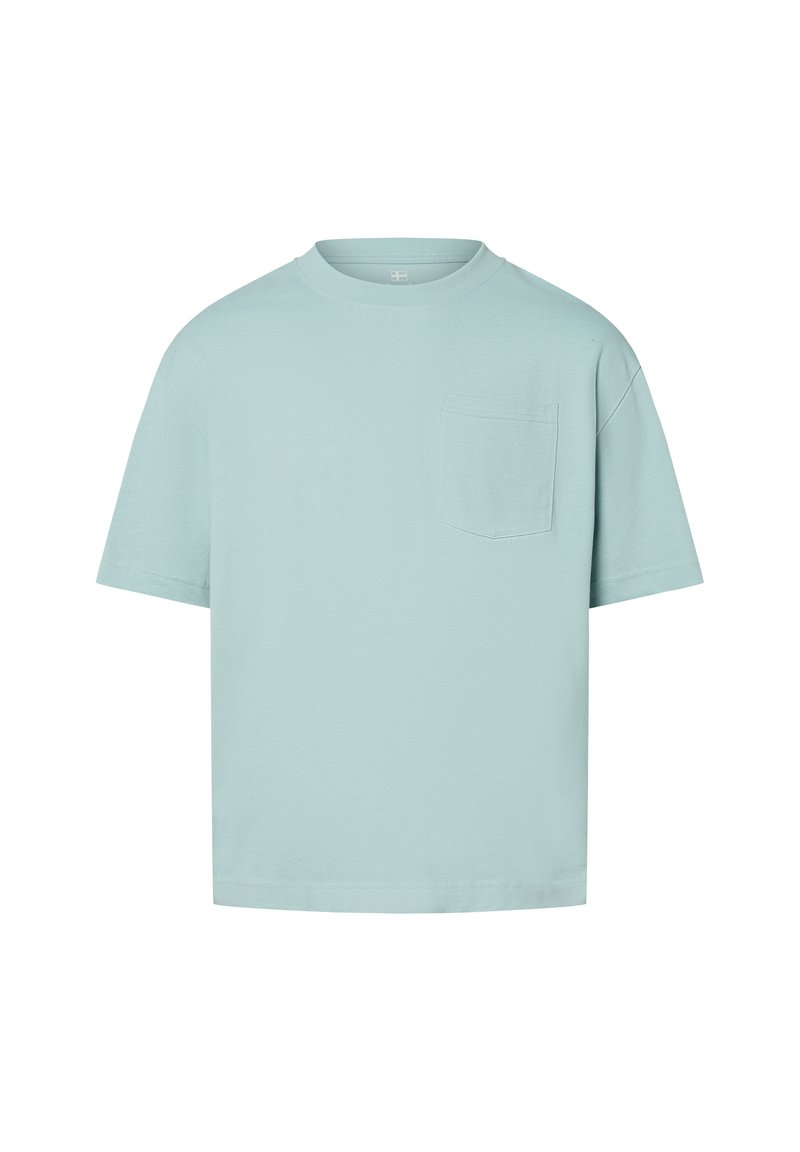 Lichtblauw oversized T-shirt gemaakt van katoen. Met een ronde hals, korte mouwen en een enkele borstzak. Soepele textuur.