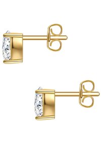 Guldpläterade studs örhängen med klara, fasetterade stenar som är satta i en rund bezel, med en säker post och fjärilslås.