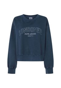 Mörkblå croppad sweatshirt med långa ärmar. Har texten "LONDONER" i vit färg över fronten, med "PEPE JEANS WEST II" under.