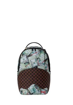 Zaino con motivo di banconote in dollari USA fascicolate e una tasca frontale marrone a quadri, manico nero e cerniera in cima.