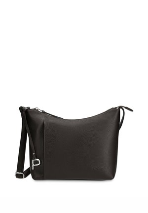 Borsa a tracolla in pelle nera testurizzata con tracolla regolabile e fibbia argento su sfondo bianco.